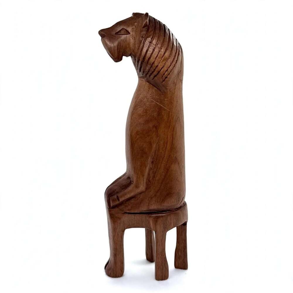 Hand Carved Wooden Lion Figurine Animal Sculpture Sitting on Stool